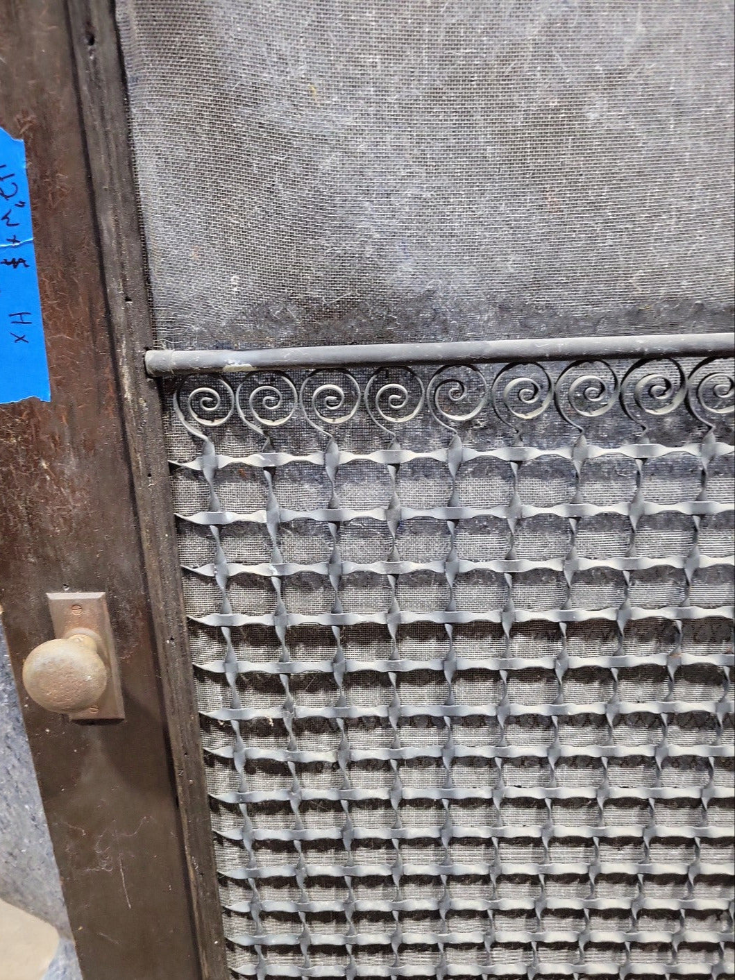 Arched Wooden Screen Door with Ornamental Mesh – 42" W x 91 ½" H x 1 3/16" D