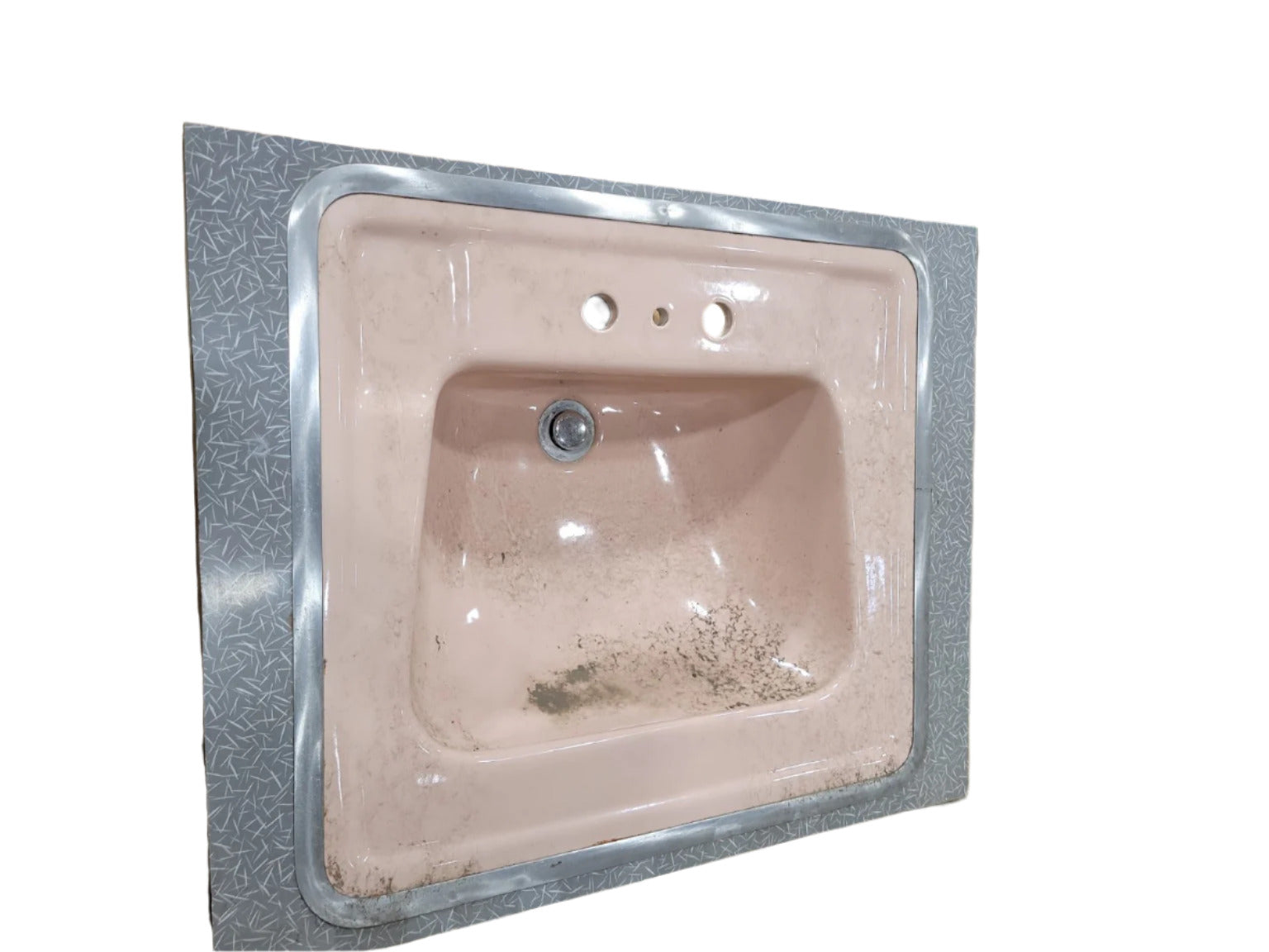 Vintage Pink Porcelain Bathroom Sink with Retro Laminate Countertop