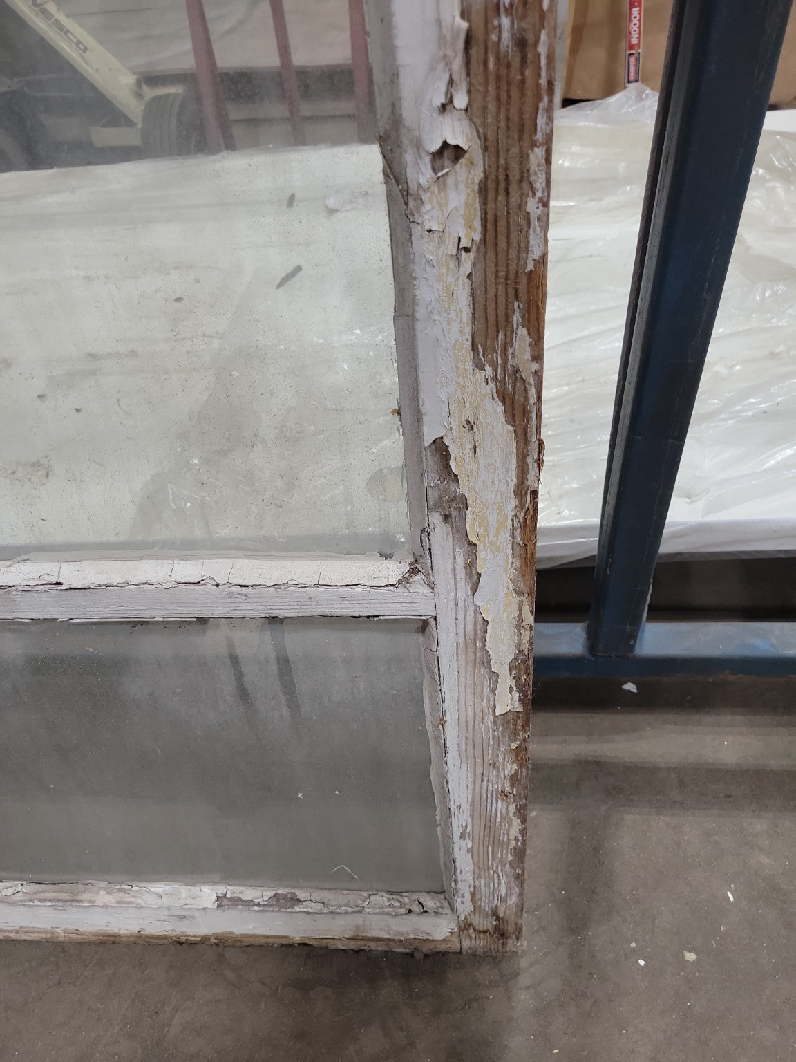 AS IS – Arched Wood Storm Window with Flaking White Paint