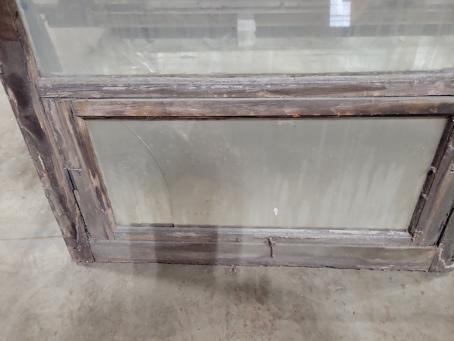 AS IS – Arched Wood Storm Window with Broken Bottom Glass