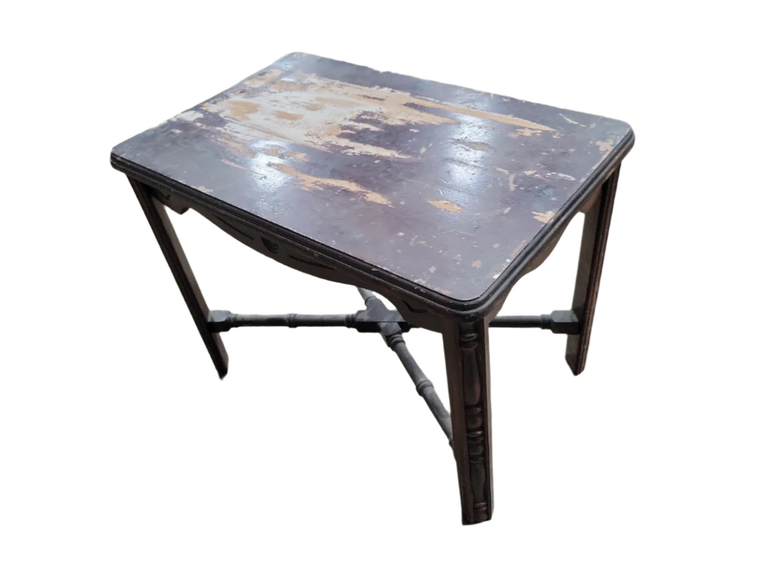 Antique Carved Wood Side Table with Turned Stretchers – 21 ¾ x 14 x 16 ½