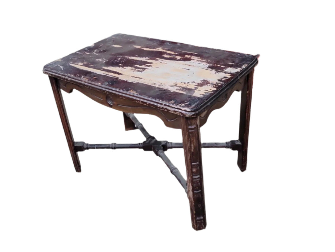 Antique Carved Wood Side Table with Turned Stretchers – 21 ¾ x 14 x 16 ½