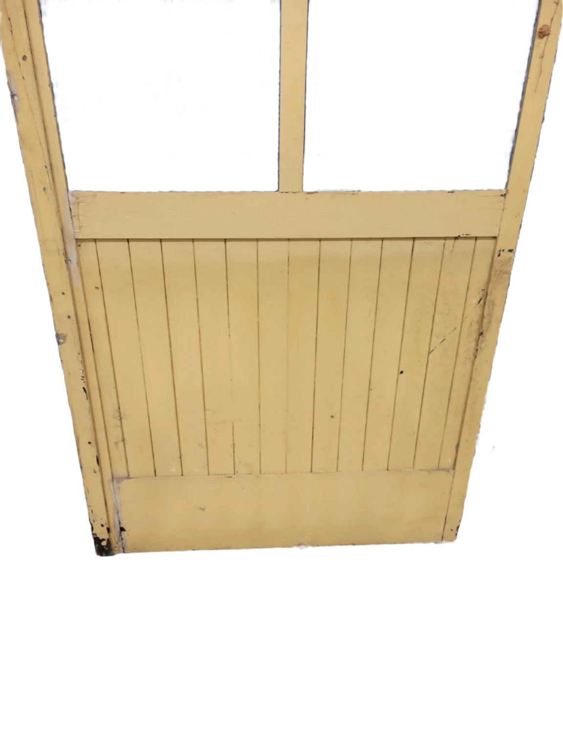 Reclaimed Industrial Wall Partition – 4-Lite Panel, Yellow & White Paint, Beadboard Lower Section