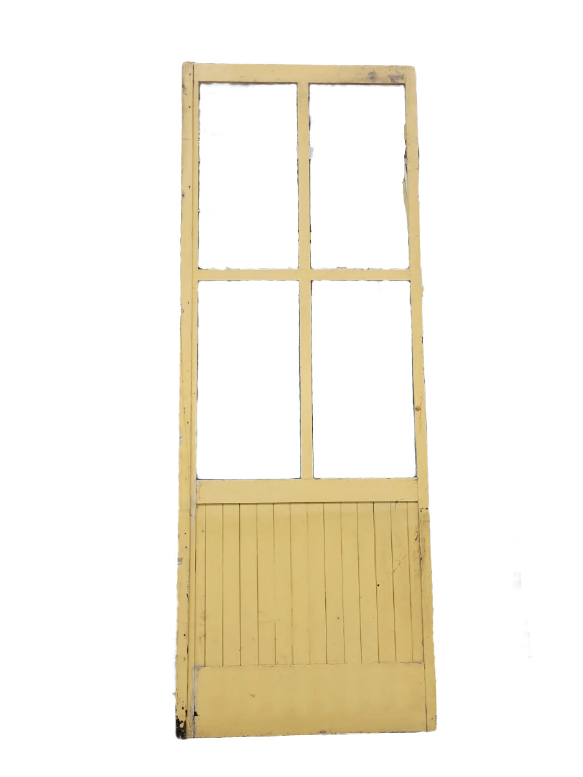 Reclaimed Industrial Wall Partition – 4-Lite Panel, Yellow & White Paint, Beadboard Lower Section