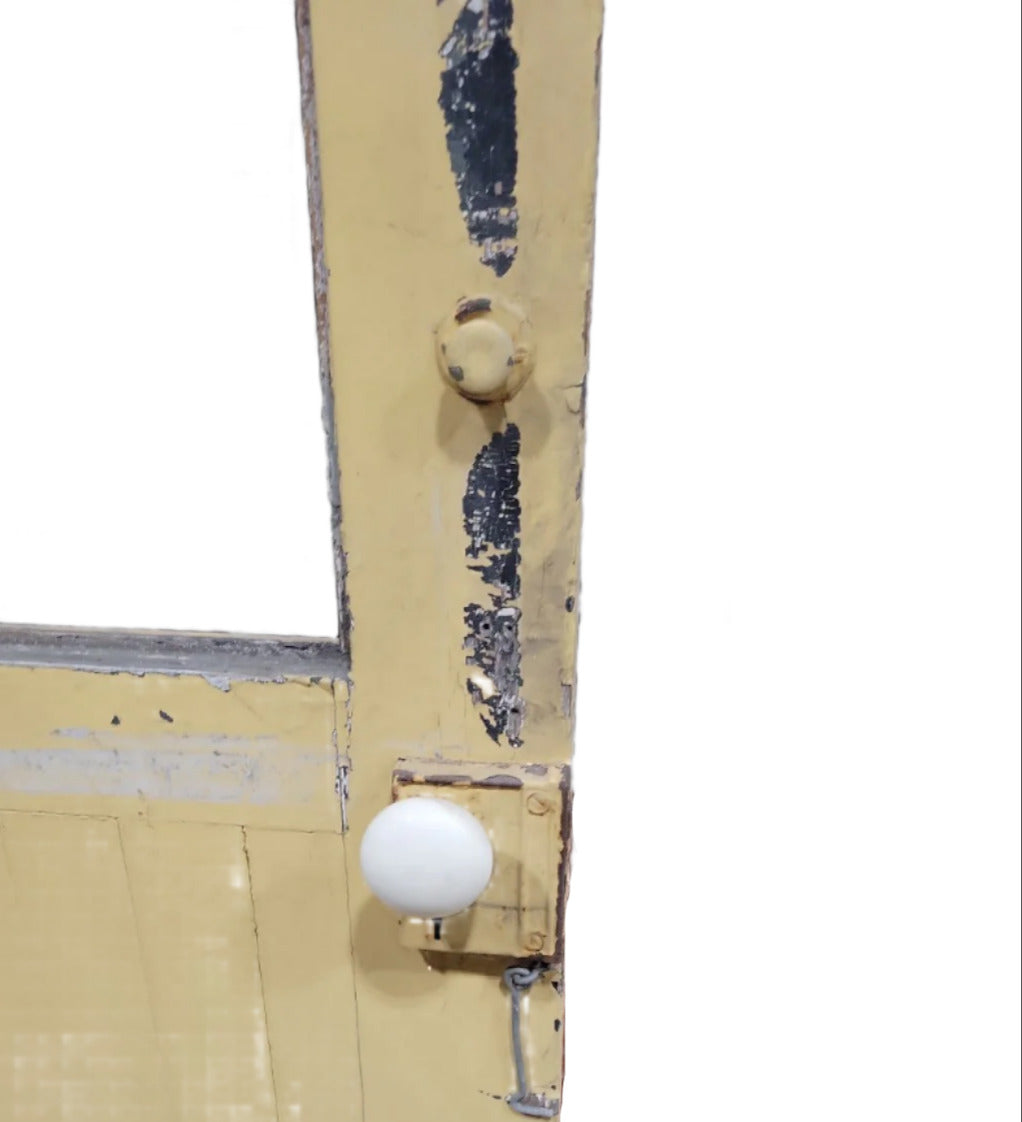 Vintage 4-Lite Wood Entry Door – Yellow Paint with Cat Door, Missing Glass, and Porcelain Knob