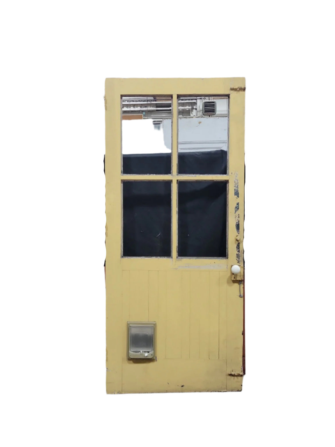 Vintage 4-Lite Wood Entry Door – Yellow Paint with Cat Door, Missing Glass, and Porcelain Knob