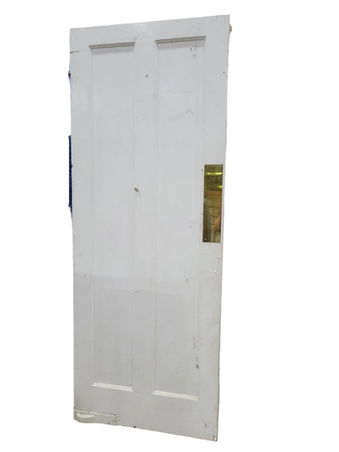 Vintage Two-Panel Swinging Wood Door with Brass Kick Plate – Painted White