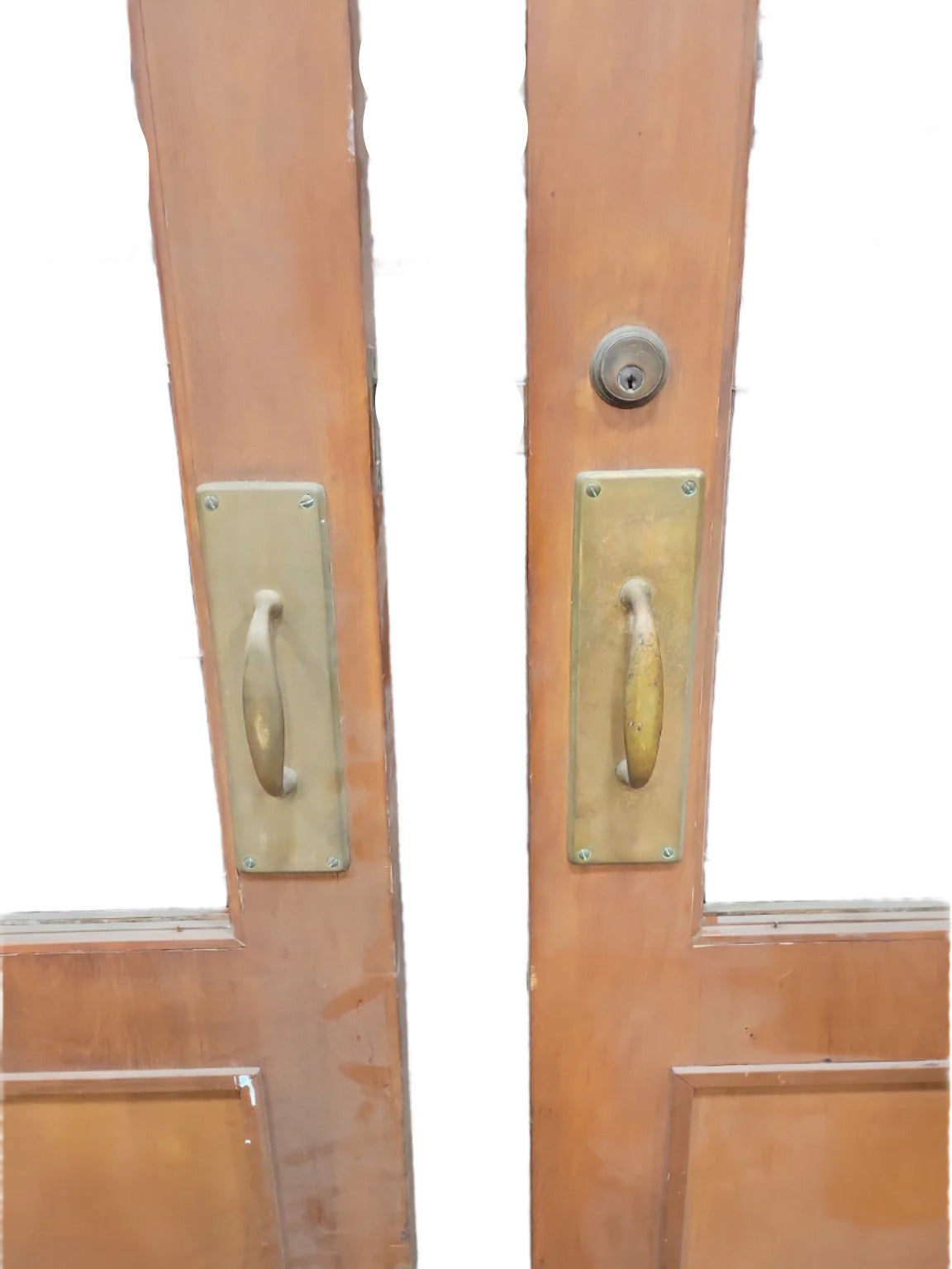 Vintage Commercial Double Entry Doors – Wood with Brass Handles (Glass Missing)