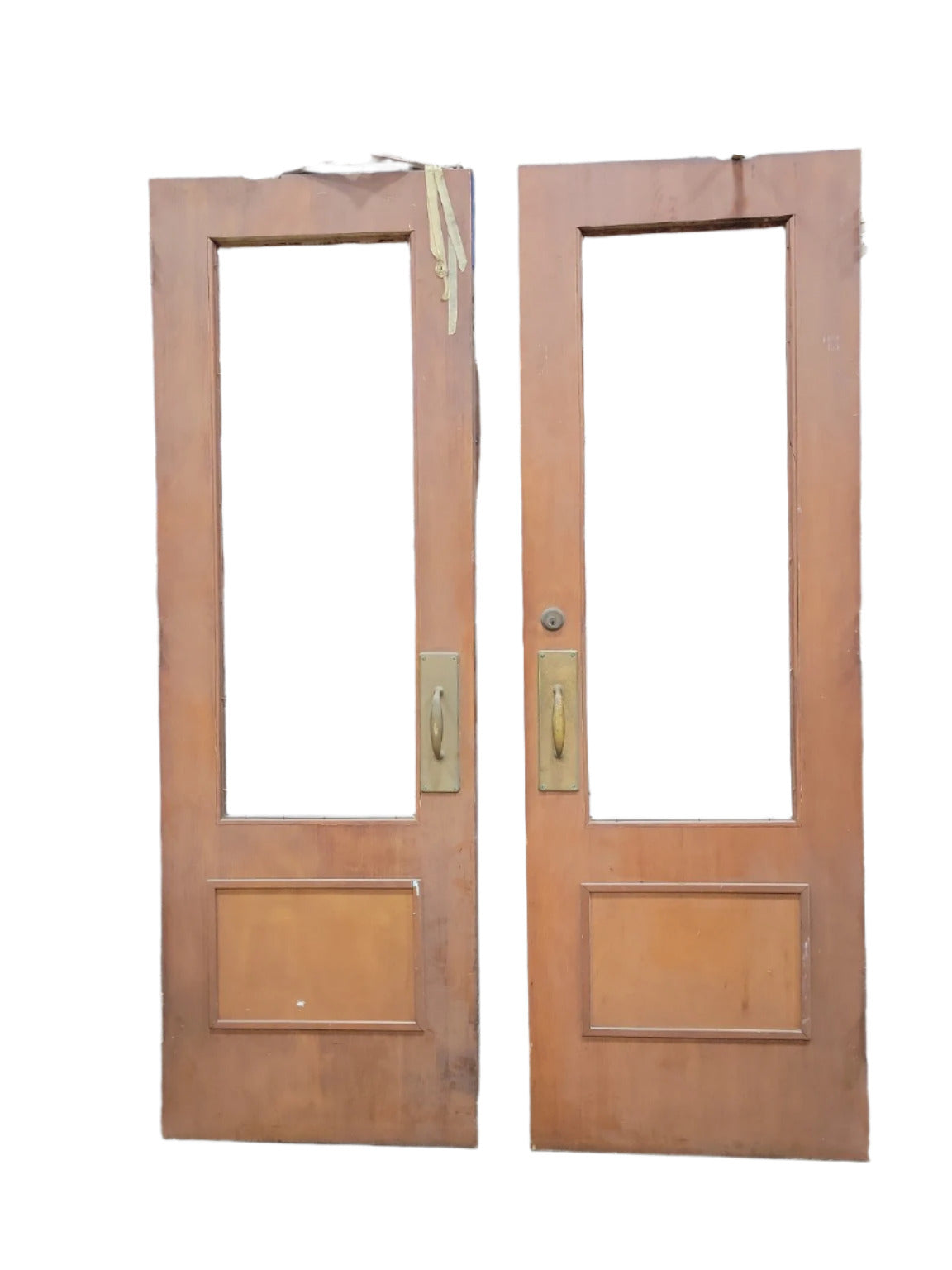 Vintage Commercial Double Entry Doors – Wood with Brass Handles (Glass Missing)