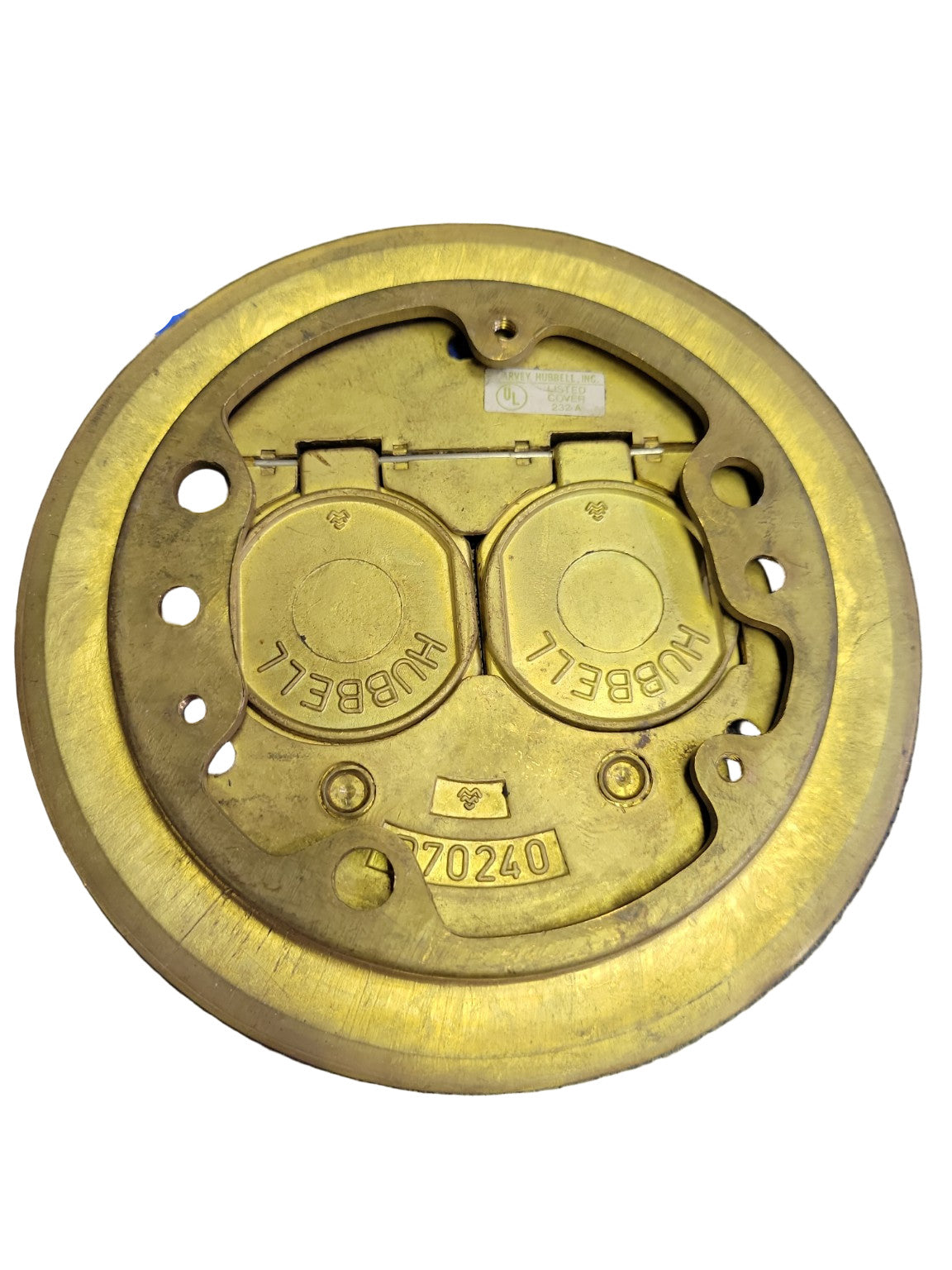 Hubbell Brass Floor Outlet Cover Plate with Dual Flip Lids – 5 1/4" Ø