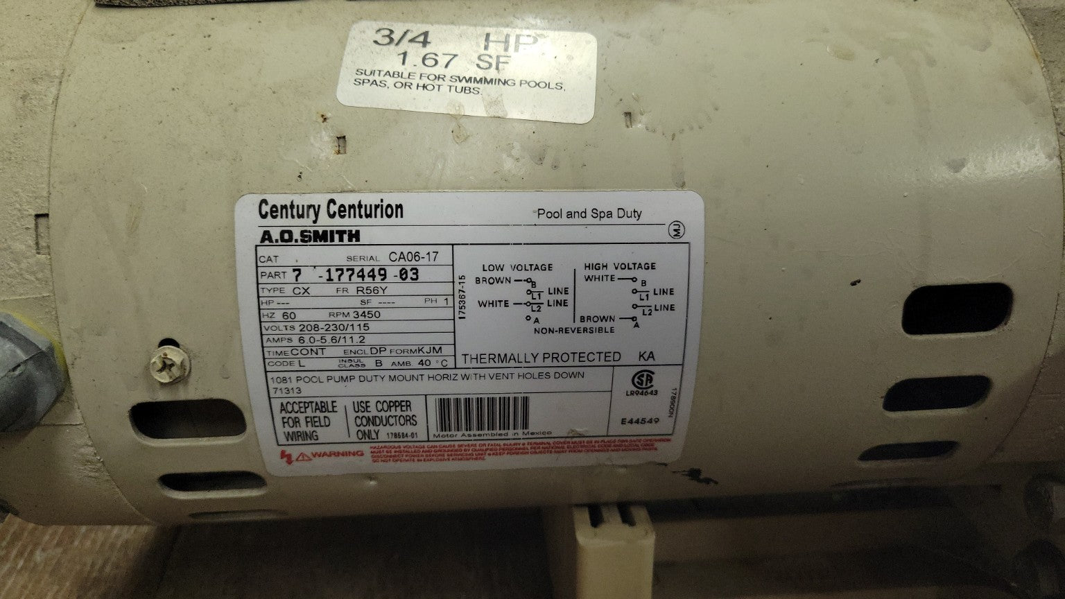 Century Centurion Pool & Spa Pump with A.O. Smith Motor– 3/4 HP