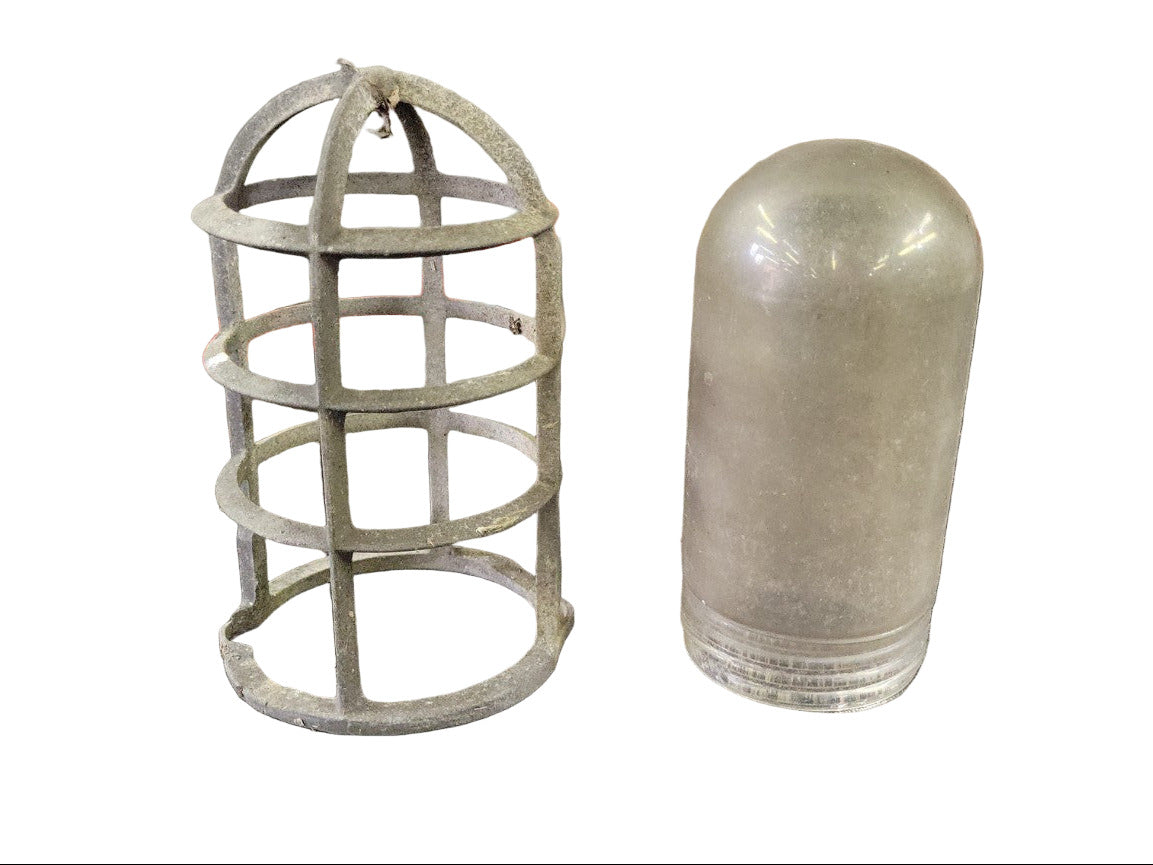 Vintage Industrial Glass Globe with Protective Cage – 4 ½″ Dia × 7 ½″ H