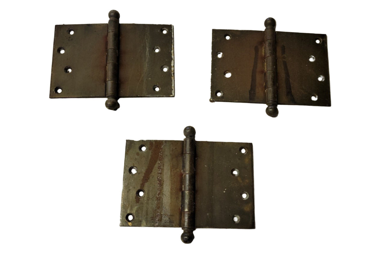 Set of 3 Vintage Brass Door Hinges – 4″ Ball Tip – 3⅝″ Wide (Closed)