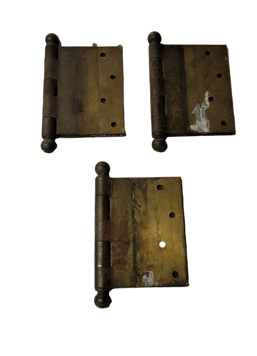 Set of 3 Vintage Brass Door Hinges – 4″ Ball Tip – 3⅝″ Wide (Closed)
