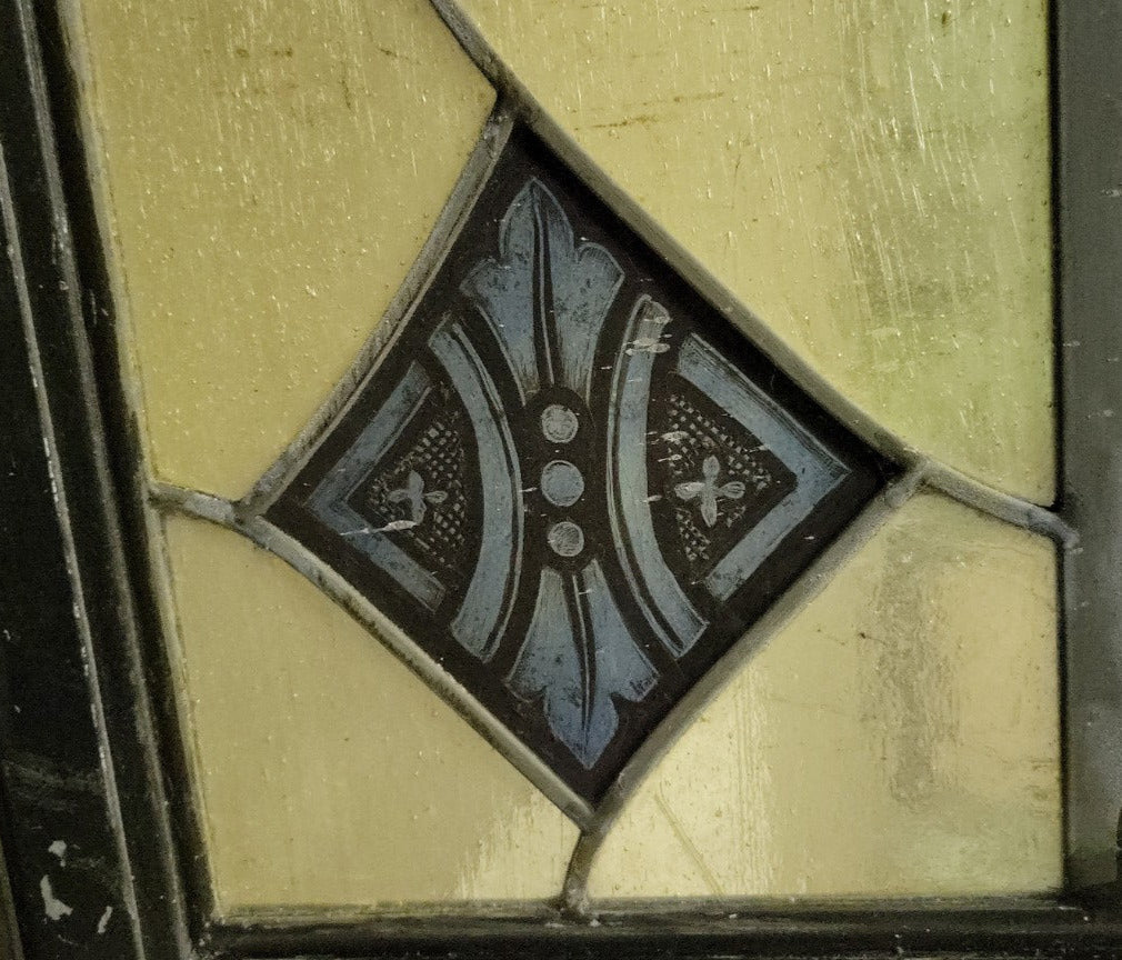 Vintage Industrial Steel-Frame Window with Seeded Leaded Glass and Hand-Painted Medallions