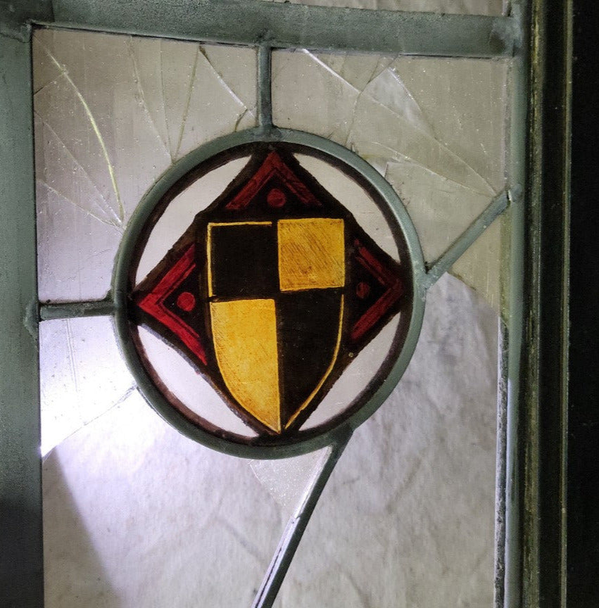 Vintage Industrial Steel-Frame Window with Seeded Leaded Glass and Hand-Painted Medallions