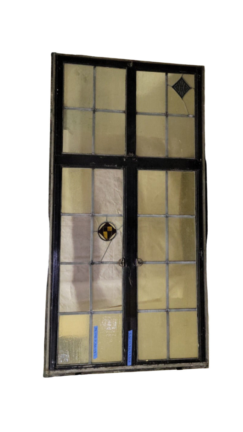 Vintage Industrial Steel-Frame Window with Seeded Leaded Glass and Hand-Painted Medallions