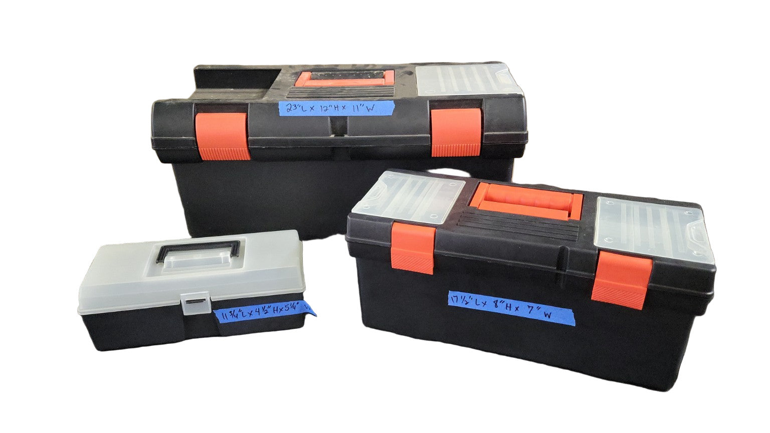 Set of 3 Plastic Toolboxes – Industrial & Low-Use – Varying Sizes with Built-in Organizers