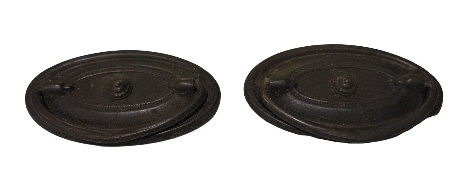 Set of 2 Antique Oval Hepplewhite Drawer Pulls – Metal with Beaded Center