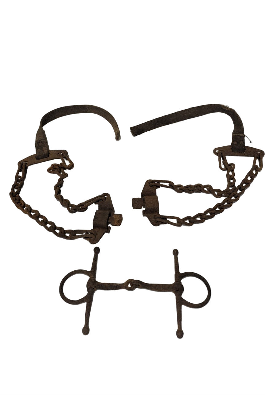 Vintage Horse Bit with Leather and Chain Attachments