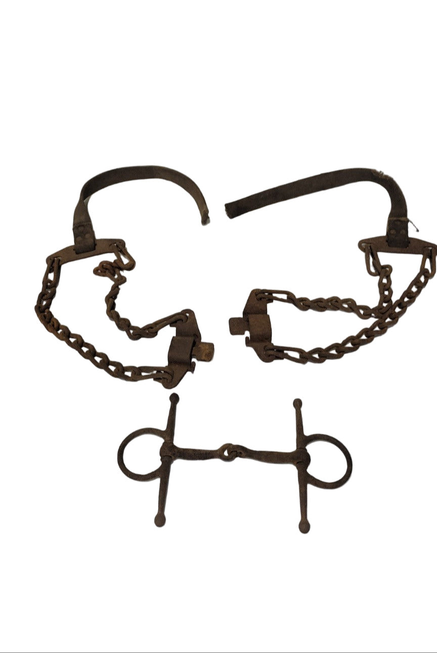 Vintage Horse Bit with Leather and Chain Attachments