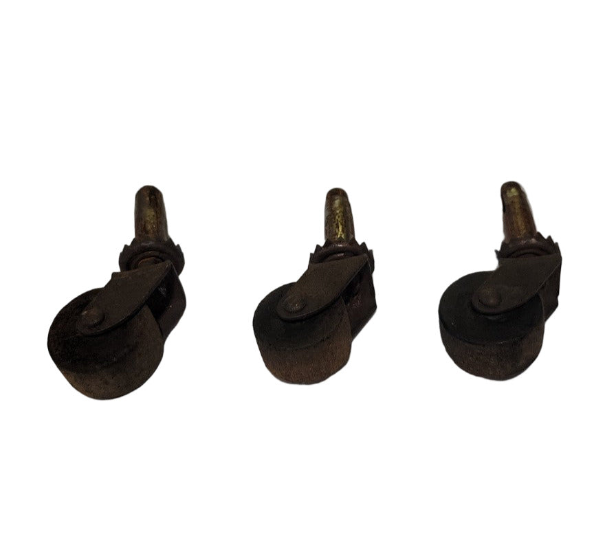 Set of 3 Vintage Furniture Casters with Wooden Wheels – 3" H x 1½" W