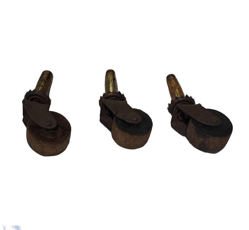 Set of 3 Vintage Furniture Casters with Wooden Wheels – 3" H x 1½" W