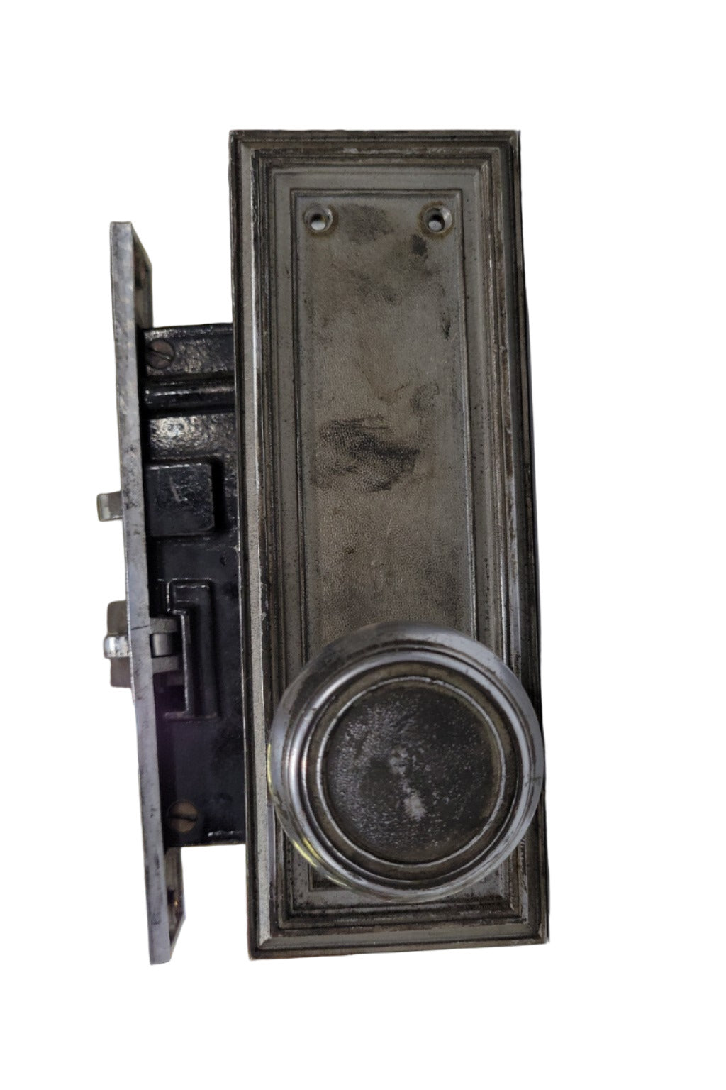 Vintage Mortise Lockset with Nickel-Plated Knobs and Beveled Edge Backplates