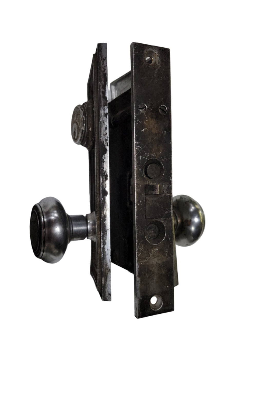Vintage Nickel-Plated Mortise Lockset with Key Cylinder – Classic Industrial Style