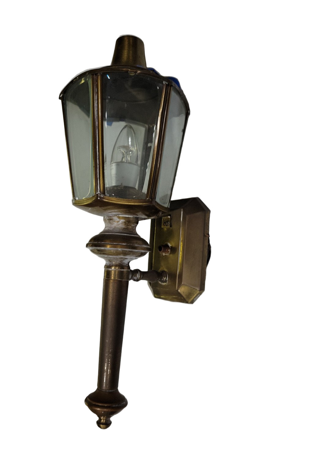Vintage Brass Wall Lantern Sconce – 18" Hexagonal Beveled Glass