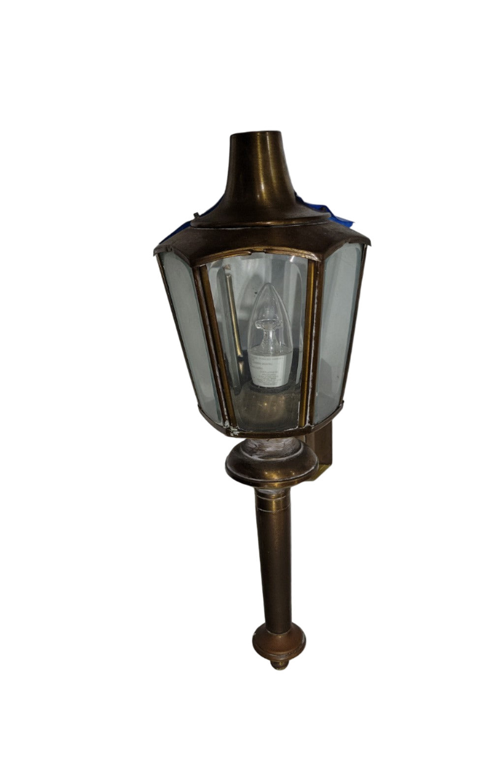 Vintage Brass Wall Lantern Sconce – 18" Hexagonal Beveled Glass