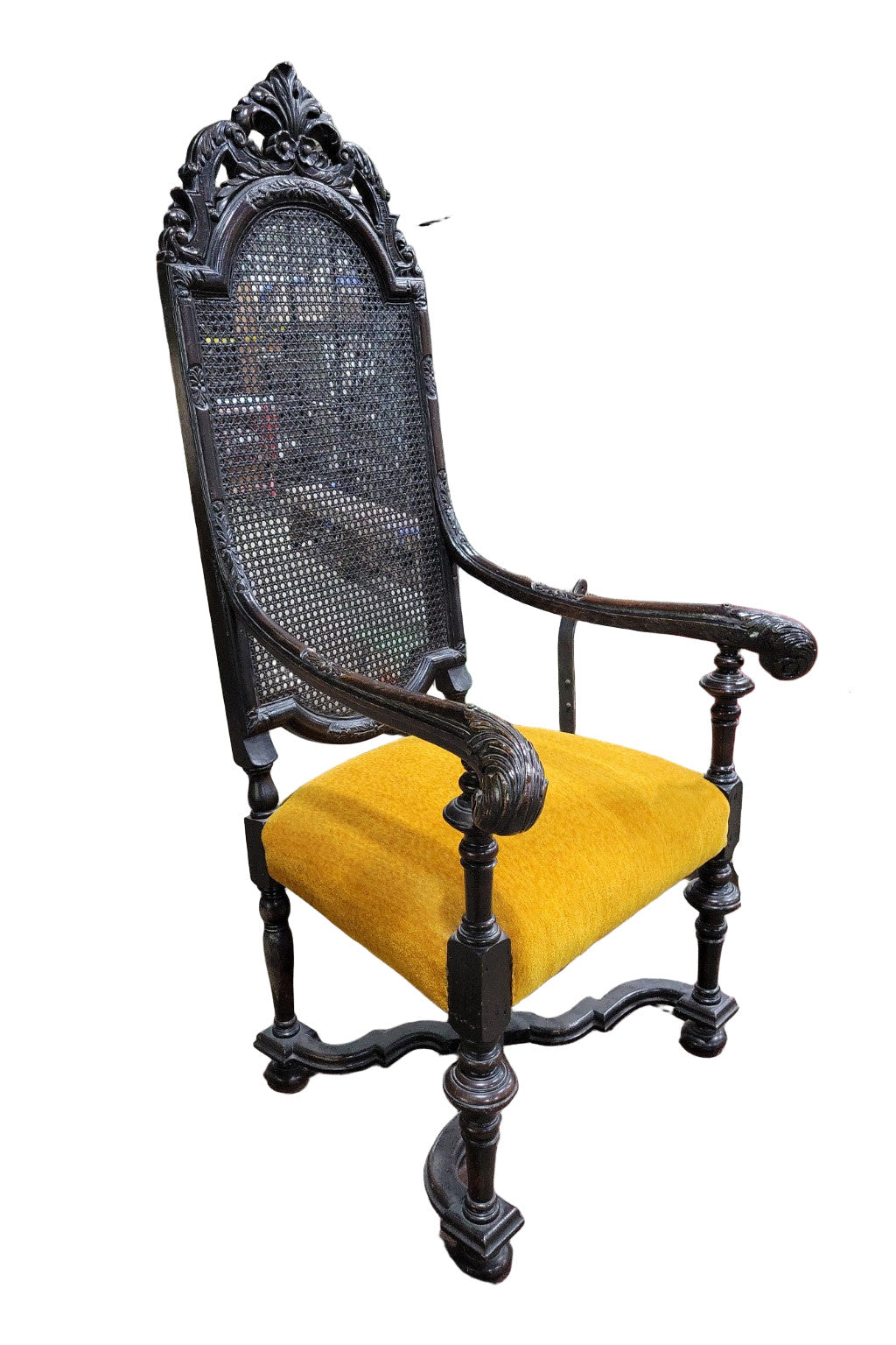 Antique Baroque Revival Carved Throne Chair – Cane Back & Gold Velvet Seat