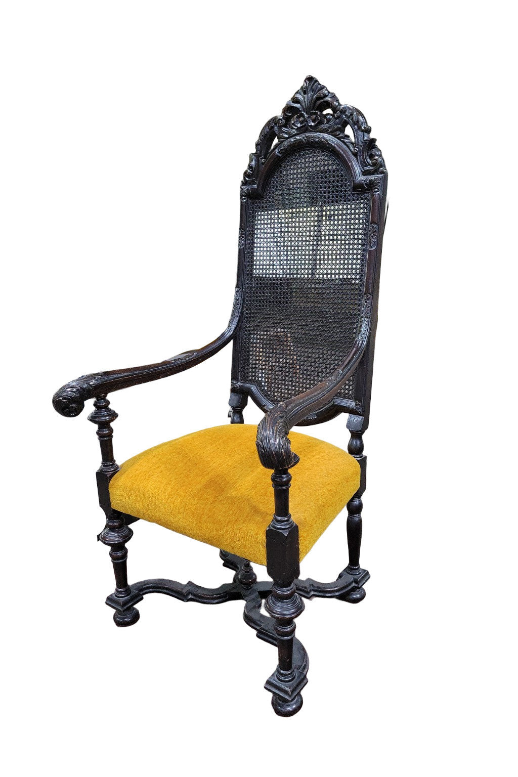 Antique Baroque Revival Carved Throne Chair – Cane Back & Gold Velvet Seat