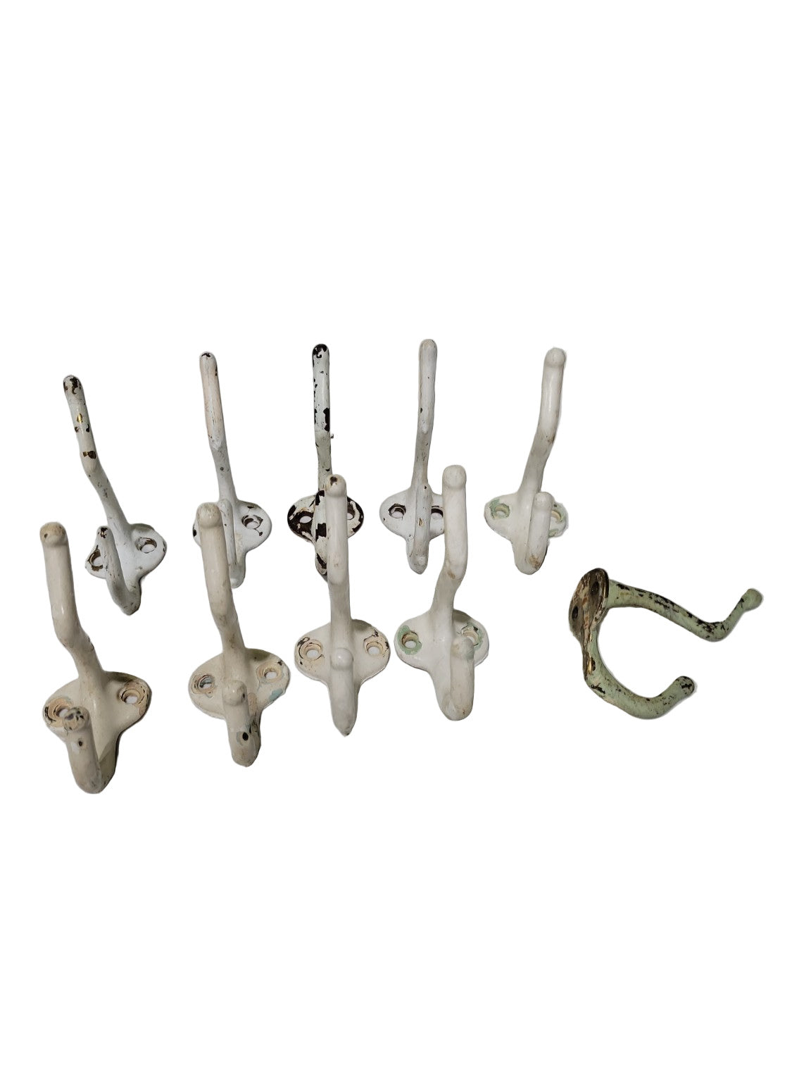 Lot of 10 Vintage Double Coat Hooks – Painted Cast Iron or Brass – 1 ¾" W x 3 ¾" H