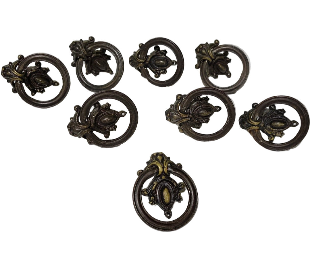 Set of 8 Vintage Ornate Brass Drop Ring Drawer Pulls – 1 5/8" W x 2" H