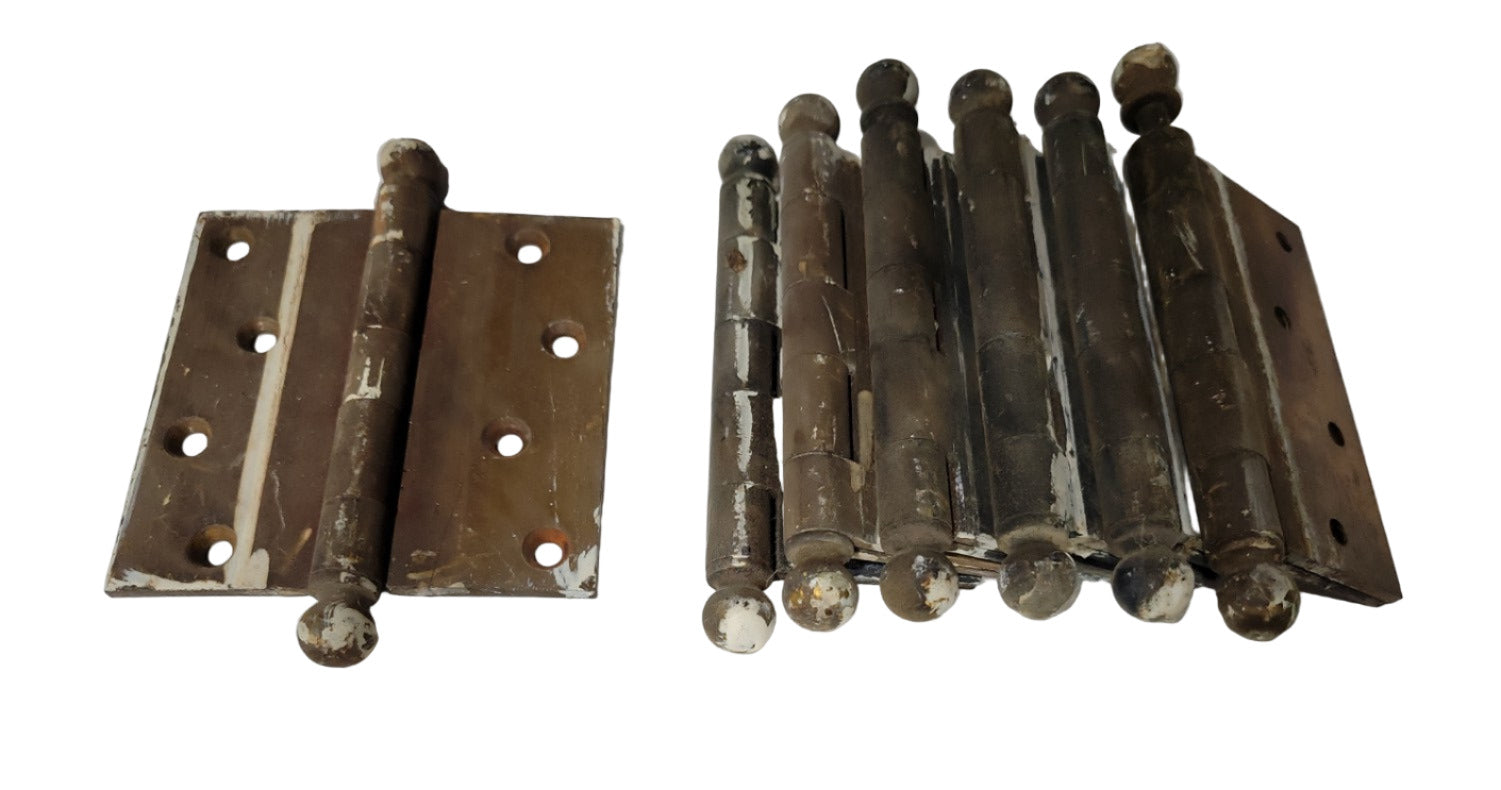 Set of 6 Vintage Ball Tip Door Hinges – 4" x 4" – Brass Plated Steel