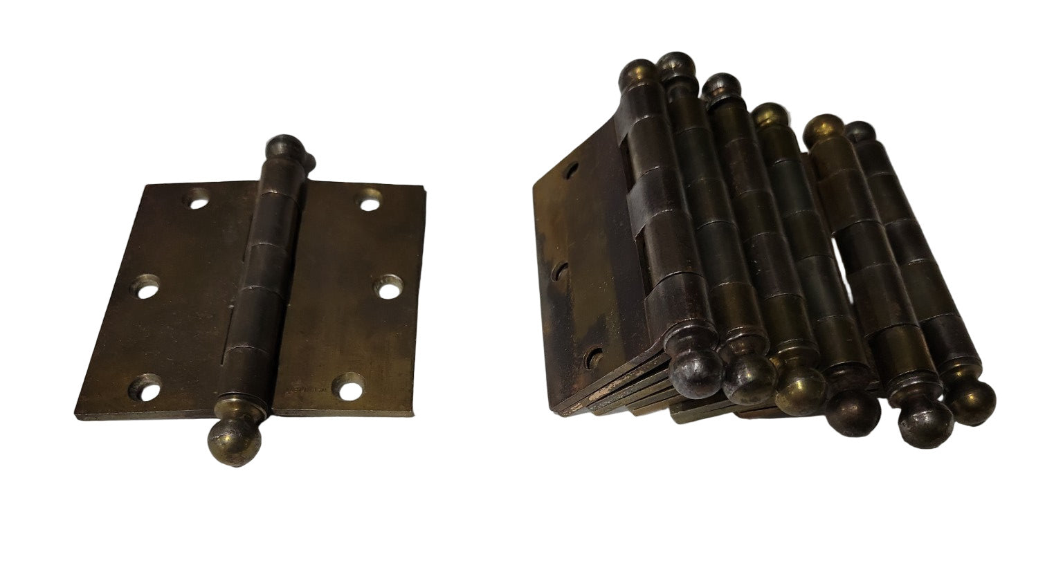 Set of 7 Vintage Ball Tip Door Hinges – Brass Plated – 3 ½" x 3 ½"