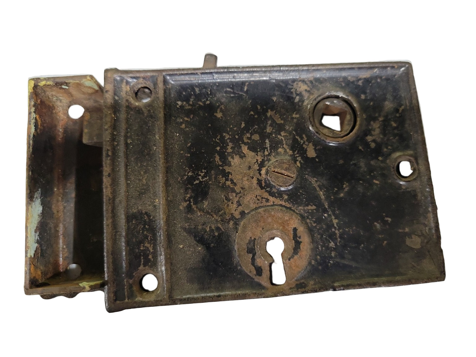 Antique Surface-Mount Rim Lock with Keyhole and Spindle Slot