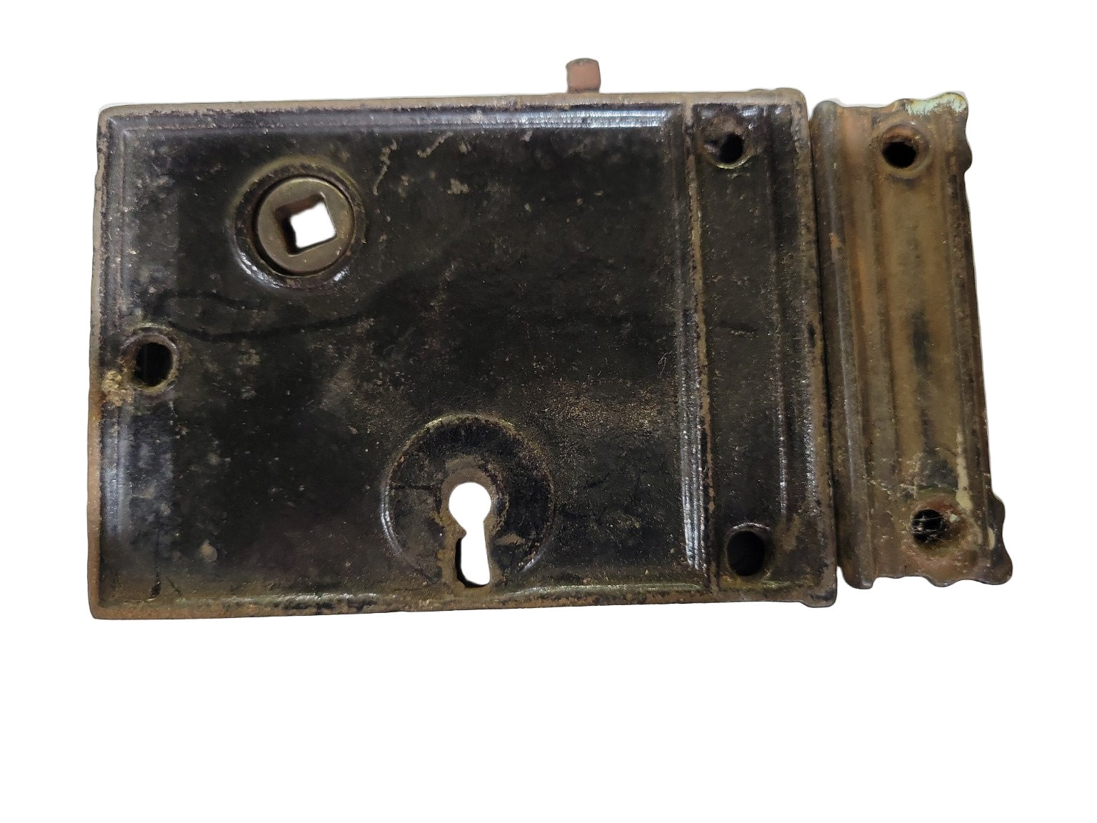 Antique Surface-Mount Rim Lock with Keyhole and Spindle Slot