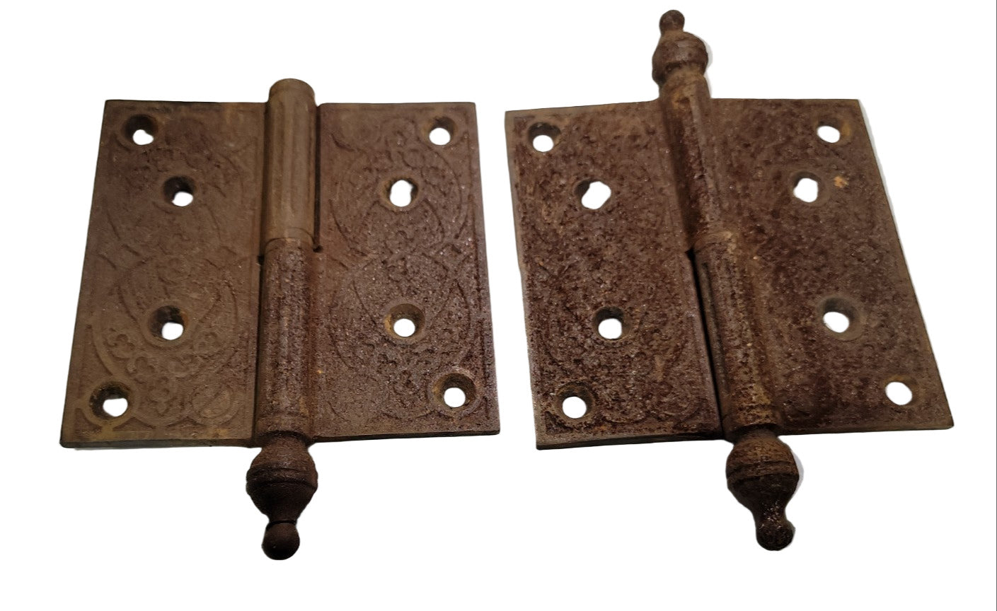 Pair of Antique 4" Cast Iron Steeple Tip Hinges – Ornate Victorian Design