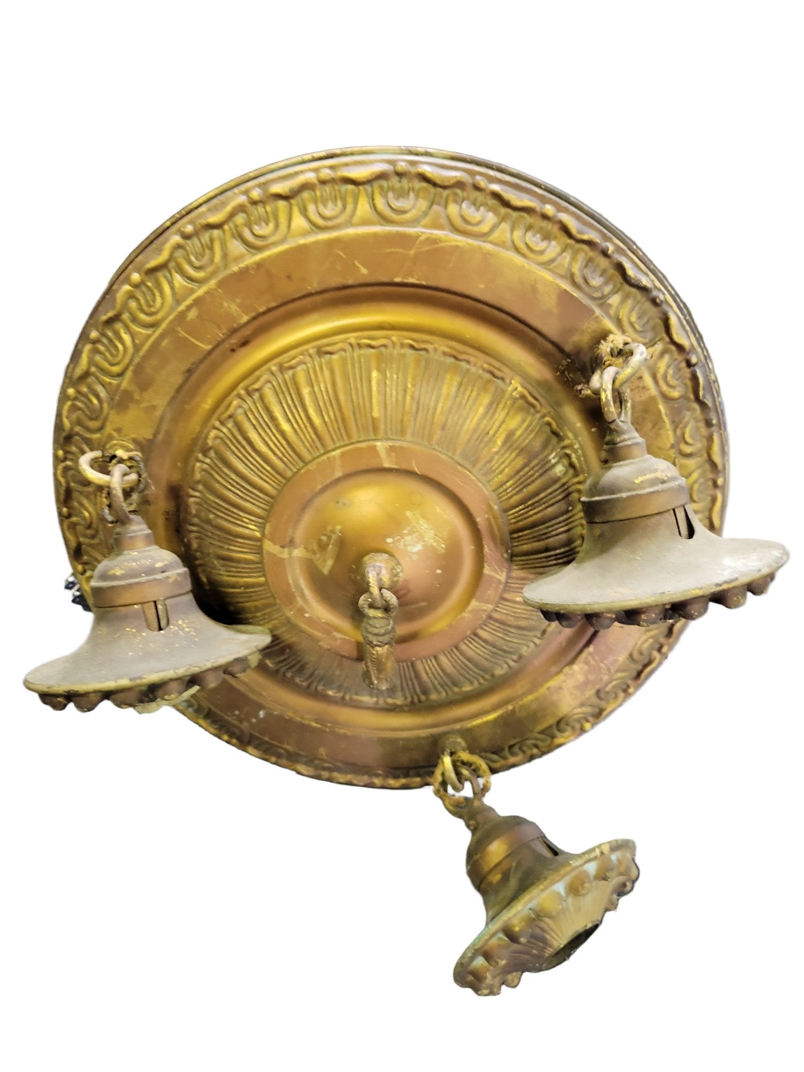 Antique 3-Light Brass Pan Chandelier – Ornate Cast Detailing