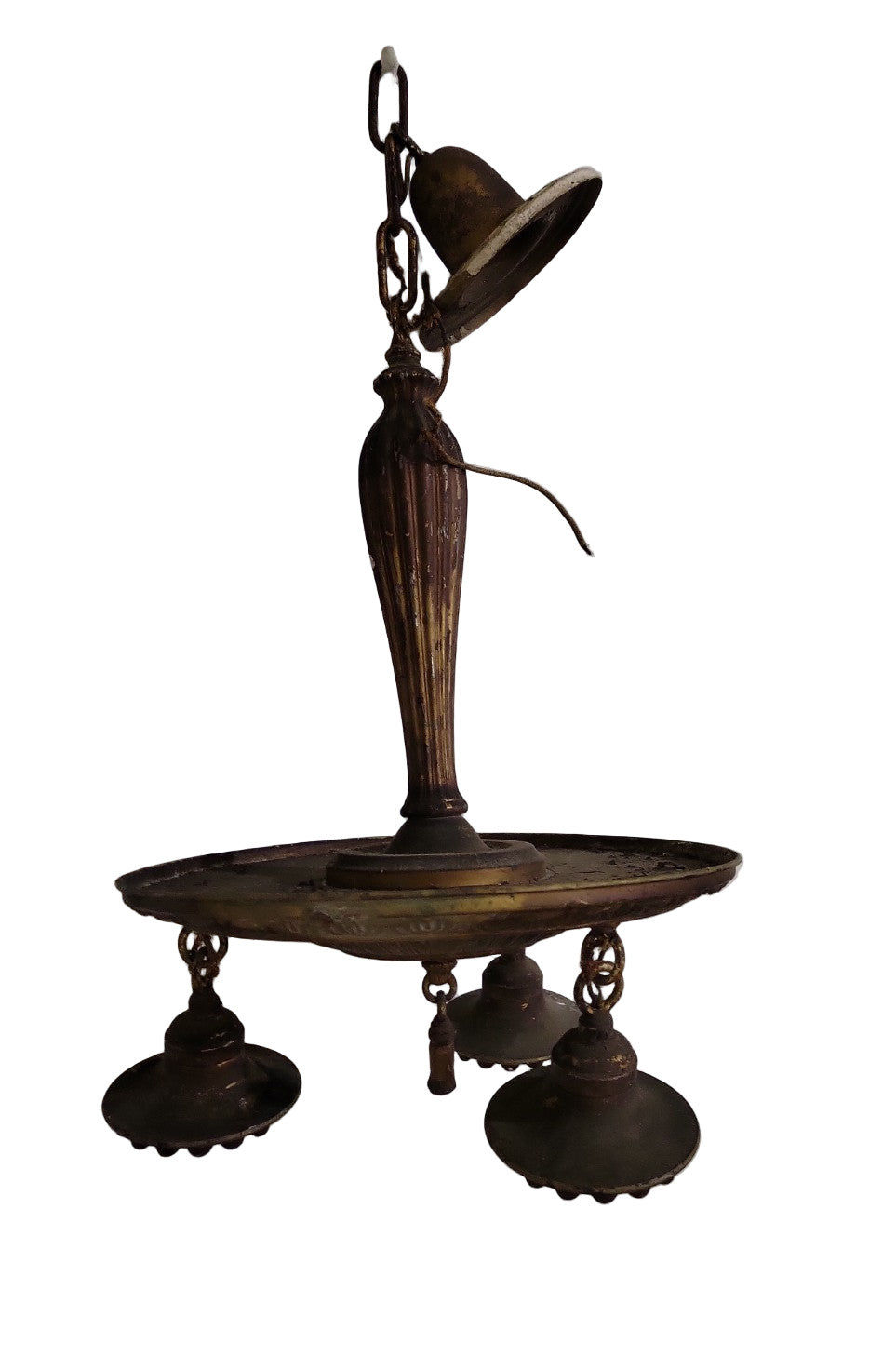 Antique 3-Light Brass Pan Chandelier – Ornate Cast Detailing