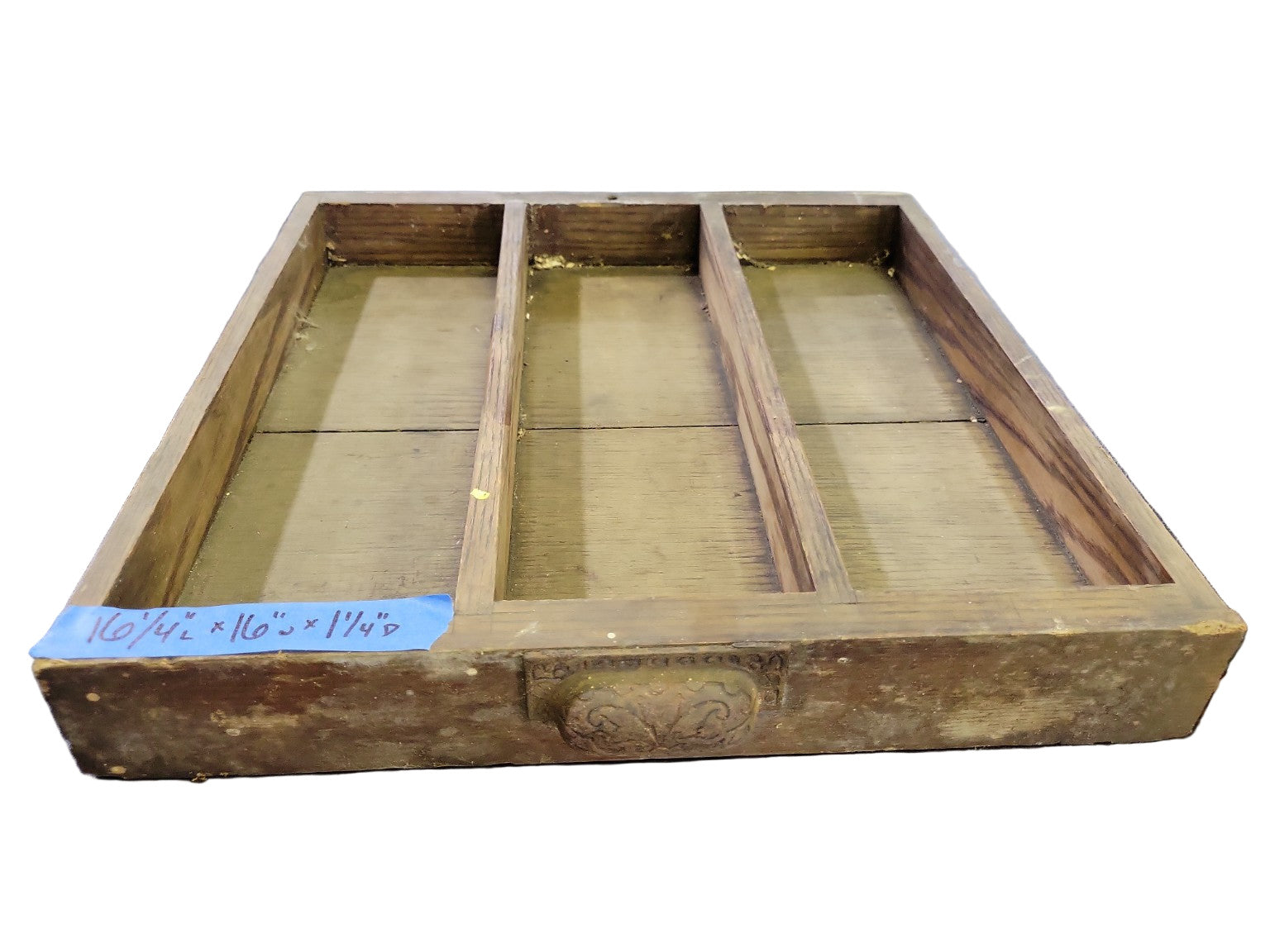 Antique Wood Drawer with Ornate Cast Iron Pull – 3-Compartment Organizer