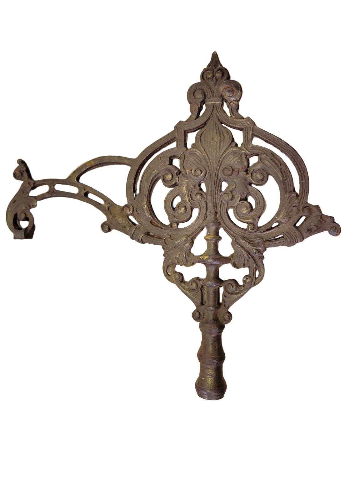Antique Ornate Cast Brass Fixture Arm – Victorian Scroll Design with Threaded Base