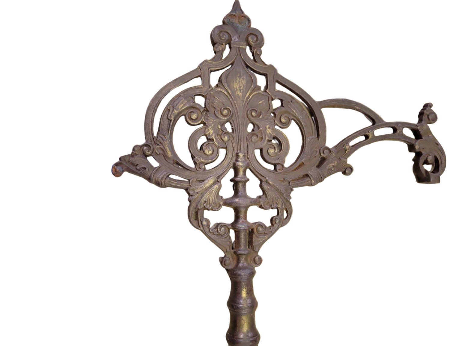 Antique Ornate Cast Brass Fixture Arm – Victorian Scroll Design with Threaded Base