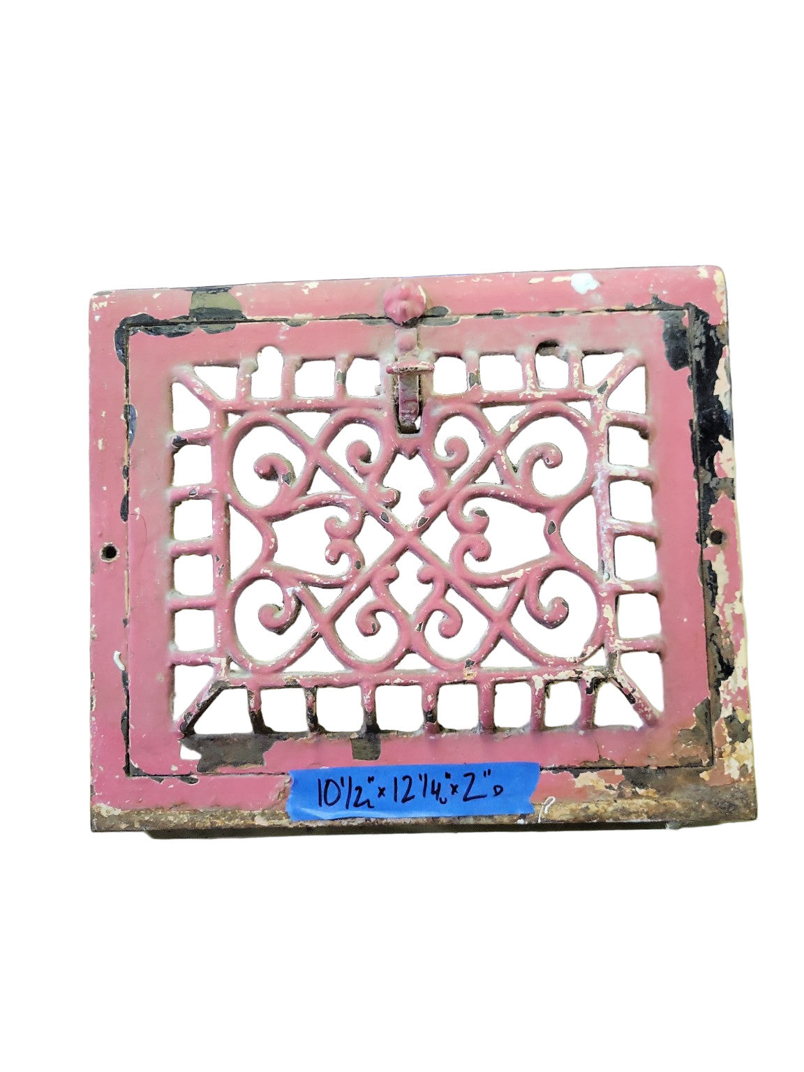 Antique Cast Iron Floor Register with Damper – Scroll Pattern, Painted Pink