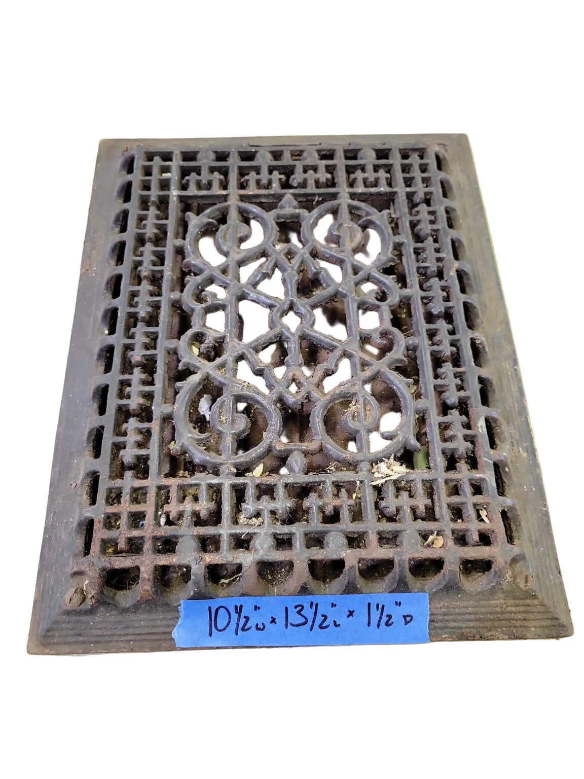 Antique Cast Iron Floor Register with Damper – Geometric & Scroll Pattern