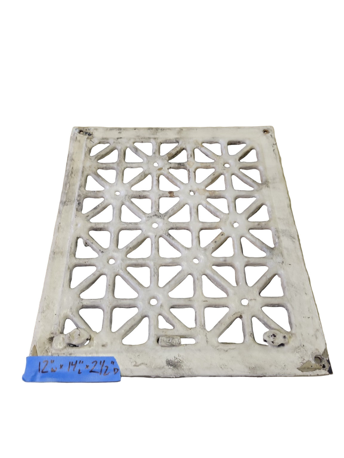 Antique Cast Iron Floor Register with Damper – White Painted Geometric Grate