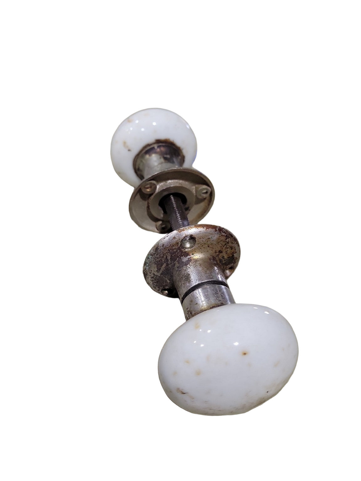 Antique White Porcelain Doorknob Set with Nickel-Plated Ferrules & Rosettes – 2 ¼"
