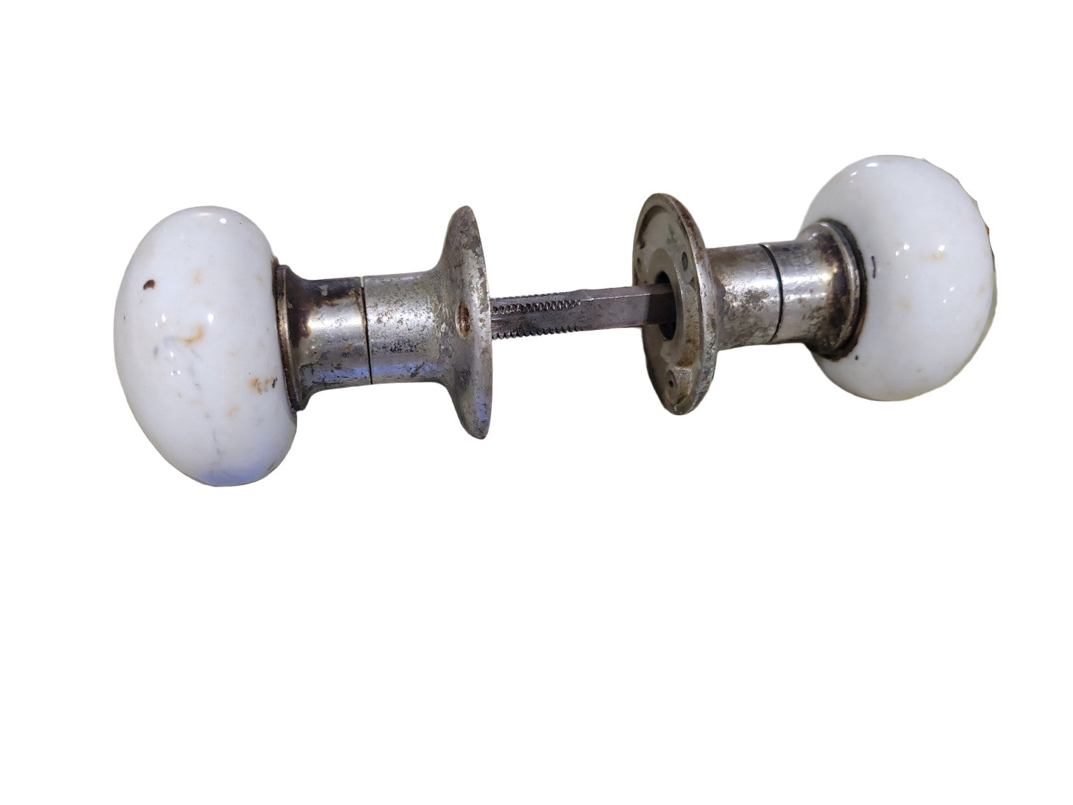 Antique White Porcelain Doorknob Set with Nickel-Plated Ferrules & Rosettes – 2 ¼"